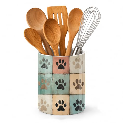 Cute Paw Print Utensil Holder for Countertop,Vintage Ceramic Utensil Crock Organizer for Home Kitchen Spoons,Spatulas and Cooking Tools - color: Cute Paw Print Vintage