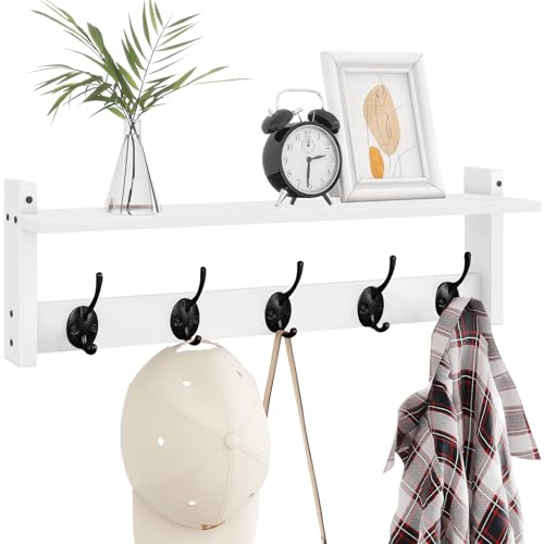 Coat Rack with Shelf Wall Mount, 24 Inch Long Wall Shelf with Hooks Underneath, Wood Hanging Coat Hanger with Hat Shelves for Entryway, Bathroom, Mudroom, White - color: White, size: 24 Inch Long