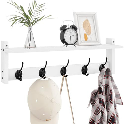 Coat Rack with Shelf Wall Mount, 24 Inch Long Wall Shelf with Hooks Underneath, Wood Hanging Coat Hanger with Hat Shelves for Entryway, Bathroom, Mudroom, White - color: White, size: 24 Inch Long
