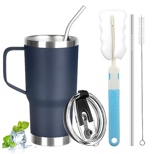 20 oz Tumbler with Handle, Stainless Steel Insulated Tumbler with Lid and Straw, Double Wall Vacuum Coffee Mug Tumbler, Insulated Coffee Thermal Cup for Cold and Hot (Navy Blue) - color: Navy Blue, size: 20 Ounces