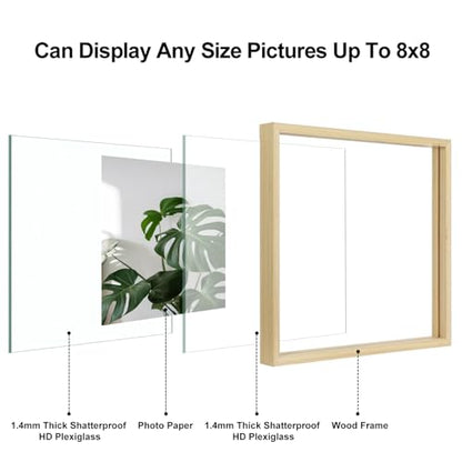 Egofine 8x8 Floating Frames Set of 2, Double Plexiglass Picture Frame, Made of Solid Wood Display Any Size Photo up to 8x8, Wall Mount or Tabletop Standing, Natural Wood - color: Natural Wood, size: 8x8