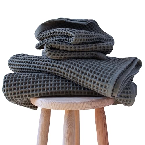 PÜSKÜL Natural 100% Turkish Cotton Waffle Towels Set for Bathroom (4-Piece) | Anthracite, Large Size 2 Hand and 2 Bath Towel, Quick-Dry Soft Absorbent Premium 3D Honeycomb Weave, Oeko-Tex Made in Turkey - color: Anthracithe