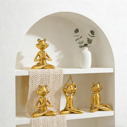 Yoga Frog Statues, 3.8"-5" H Golden Frog Figurines Home Decor, Therapy Office Decor Small Sculptures for Shelves, Living Room, Bookshelf, Desk, Bedroom - Set of 3 (Golden Frogs) - style: Golden Frogs