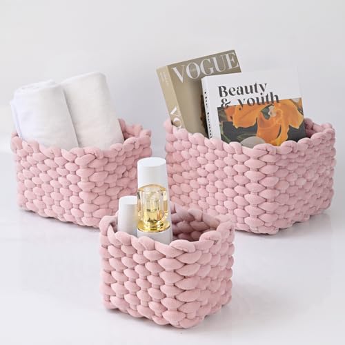 hand-knitted velvet rope storage basket set of 3 - soft cotton rope desktop cosmetics organizer box - nesting multi-functional storage basket (pink) - color: Light Pink
