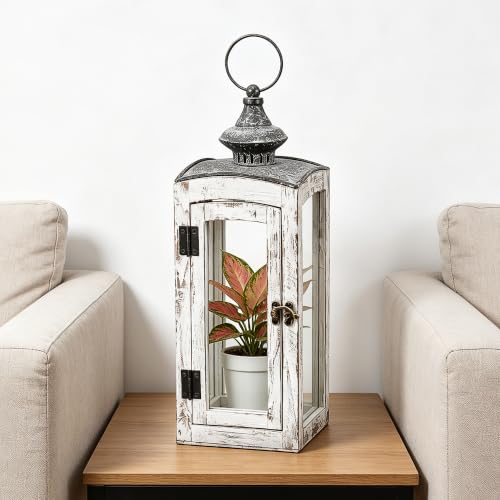 5"x15" Wooden Dome Lantern Made of Solid Fir Wood and Real Glass in Whitewash Finish with Grey Metal Top, Hurricane Lantern, Farmhouse (Whitewash, 5"x5") - color: Whitewash, size: 5"x5"