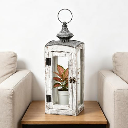 5"x15" Wooden Dome Lantern Made of Solid Fir Wood and Real Glass in Whitewash Finish with Grey Metal Top, Hurricane Lantern, Farmhouse (Whitewash, 5"x5") - color: Whitewash, size: 5"x5"