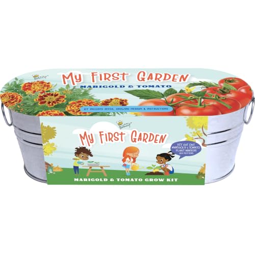 Buzzy Seeds My First Garden Windowsill Grow Kit - Metal Windowsill Planter - Complete Indoor Gardening Kit with Seeds, Coconut Husk Growing Medium & Genuine Pots - 100% Grow Guarantee - color: My First Garden