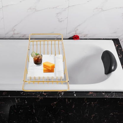 Expandable Stainless Steel Bathtub Caddy Tray, Adjustable Over Tub Rack Marble Board Anti-Slip Groove Raised Guardrail Modern Bath Organizer for Home Hotel Bathroom Use (Gold + White) - color: Gold + White