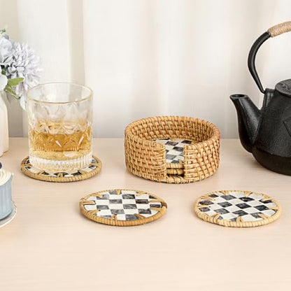 Boho Coastal Coasters Set of 6, Handwoven Rattan Coasters with Holder - Drink Coaster for Coffee Table, Boho Coaster for Home Decor, Rattan & Mother of Pearl, 4 Inch(Checkered Pattern) - style: Checkered Pattern