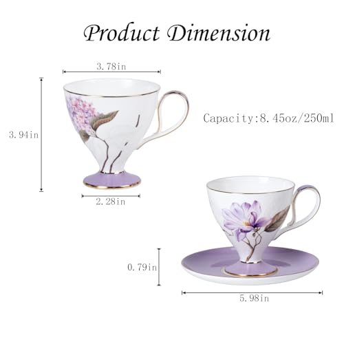 KAMMAK Tea Cups Set of 2,Ceramic Floral Pattern Demitasse Cup | Porcelain Espresso Cup with Saucer, 8.45 oz Handmade Elegant Bone China Tea Cups for Latte, Americano, Cappuccino - color: Magnolia & Hydrangea
