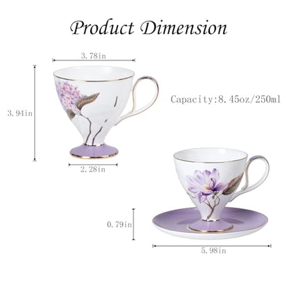KAMMAK Tea Cups Set of 2,Ceramic Floral Pattern Demitasse Cup | Porcelain Espresso Cup with Saucer, 8.45 oz Handmade Elegant Bone China Tea Cups for Latte, Americano, Cappuccino - color: Magnolia & Hydrangea