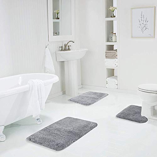 Walensee Shaggy 2 Piece Bath Rug Sets (Grey) 20 x 24 Non Slip, U Shape Contour Rug & 20 x 32, Machine Wash/Dry Plush Absorbent Bath Mats for Bathroom - color: Grey