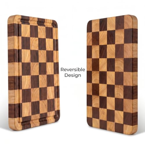 Checkered Cutting Board for Kitchen, 15"x10.4"x1.2" End Grain Cutting Board, Solid Ebony and Rubberwood Butcher Block Cutting Board with Juice Groove, Reversible Wooden Charcuterie Board