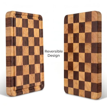 Checkered Cutting Board for Kitchen, 15"x10.4"x1.2" End Grain Cutting Board, Solid Ebony and Rubberwood Butcher Block Cutting Board with Juice Groove, Reversible Wooden Charcuterie Board