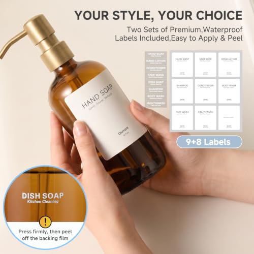 Kitchen Soap Dispenser Set, 2 Pack 16oz Amber Glass Dish Soap and Hand Soap Dispenser with Gold Stainless Steel Pumps, Quick Dry Tray, Dish Brush & Holder, Refillable Soap Dispenser for Kitchen Sink