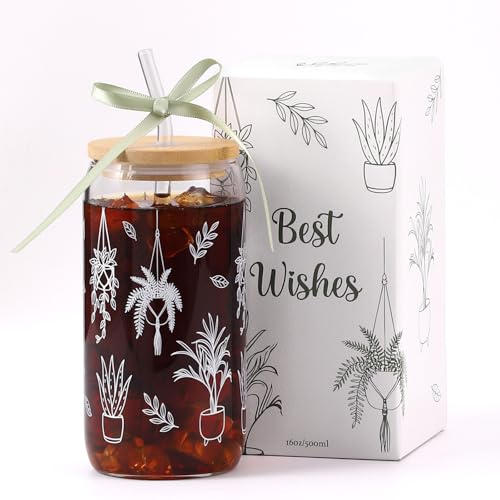 Garden Plant Lovers Gifts Gardening Gifts for Women Plant Lady | Gardeners Glass Cup Coffee Tumbler Mug with Lid and Straw Basket Stuff Present for Mom Birthday, Girls, Teens, 16oz - style: Plant