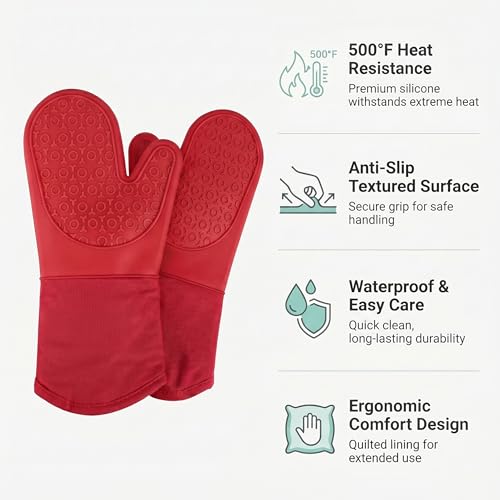 Silicone Oven Mitts Ultra Heat Resistant up to 500°F - Oven Mitts with Thick Cotton Liner - Long Slip Resistant Pot Holders, Flexible Oven Gloves -2Pack 13.5" (RED) - color: Red