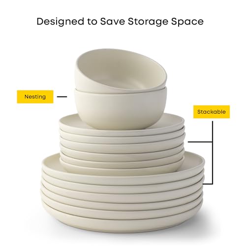 JoyJolt Mesa Stoneware Salad Plates, 8" Round Lunch Plates, Dishwasher and Microwave Safe Plate Set of 6, Modern Rustic Dinnerware, Appetizer Dessert Dinner Sides Kitchen Dishes - Matte White (Linen)