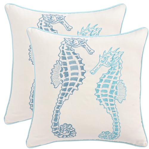 Embroidered Throw Pillow Covers 18x18 Pack of 2 Blue Seahorse | Ocean-Themed,Durable Fabric,Square Pillow Cover,Boho Decorative,Hidden Zipper,Aesthetic Design,Ideal Gift,Machine Washable - color: Blue Seahorse