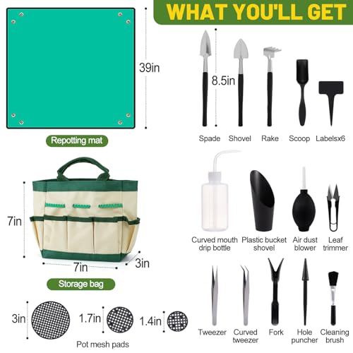 ANPHSIN 44pcs Small Gardening Tools Gifts for Women Beginners, Green | Garden Hand Tools Set for Indoor Succulent, Bonsai, Plants Transplanting, Included Bag/Repotting Mat/Shovel/Labels - color: Green