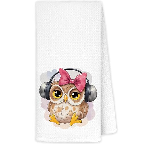 JINYO Coquette Pink Bow Headset Owl Kitchen Towels, Gifts for Owls Lovers Women Hand Towels for Bathroom Kitchen Decor, Cute Wild Animal Owl Decorative Dish Tea Towels, 16x24 Inch - color: Pink Bow Headset Owl Towels