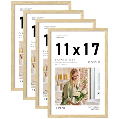 11x17 Picture Frame Set of 4, Natural Solid Wood Frames, Wall Mount | Display 11x17 Photos without Mat, Horizontal or Vertical, Oak Wood Grain - color: Natural, size: 11x17