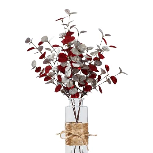 4pcs 23.62" Realistic Red & Silver Faux Eucalyptus Stems | Artificial Eucalyptus Leaves for Vase Decoration, Christmas & Rustic Farmhouse Greenery for Table Centerpiece - color: Red and Silvery