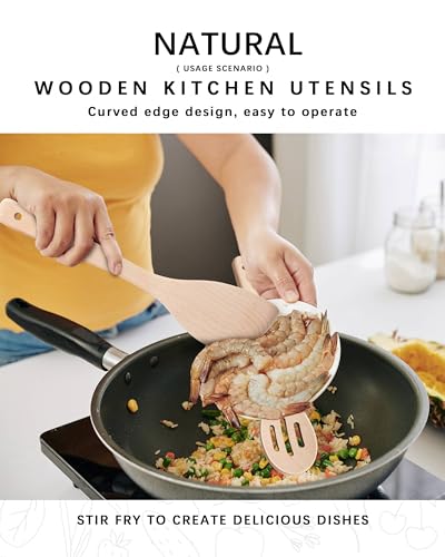Wooden Spoons for Cooking, 3-Piece Beech Wood Cooking Utensil Set | Slotted spoon, solid spoon and spatula handle stirring, draining, flipping and serving while staying gentle on nonstick pans. - color: Beech Beige