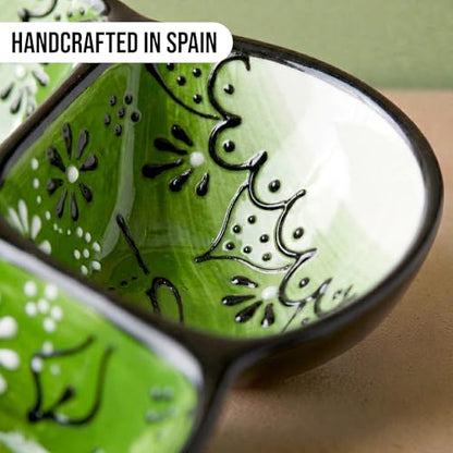 3-Compartment Ceramic Serving Dish, Handmade in Spain | 7.5” divided chip and dip bowl with lead-free glaze, microwave, oven and dishwasher safe, ideal for tapas, snacks and sauces - color: Onyx Green