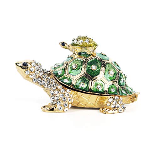 YU FENG 3 Inch Mother Child Turtle Trinket Box, Crystal Hinged Jewelry Box | Enameled Mother & Baby Tortoise Design, Sparkling Crystal Accents, Ring Holder, Collectible Figurine, Gift for Mom - color: Green Turtle