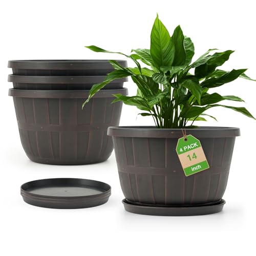 Quarut 4 Pack 14 Inch Large Plastic-Flower-Pots-for-Indoor-Outdoor-Plants | Outdoor Planters Pot with Drainage Holes & Saucers, Resin Decorative Garden Pots Planters(Brown) - color: Brown, size: 14 inch-4 pack
