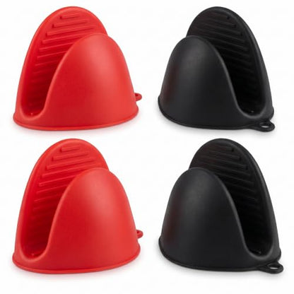 Silicone Cooking Pinch Grips Oven Mitts - Mini Finger Protector Pot Holder for Kitchen,Cooking,Baking,BBQ - Heat Resistant Gloves, 2 Pairs (Black and Red) - color: Black and Red