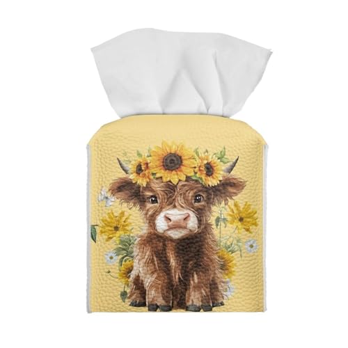 Sunflower Cow Tissue Box Cover Square, Leather Novelty Cube Box Holder Facial Paper Case Modern Table Napkin Organizer Home Decoration Highland Cow Western Yellow - color: Cow Sunflower Cute