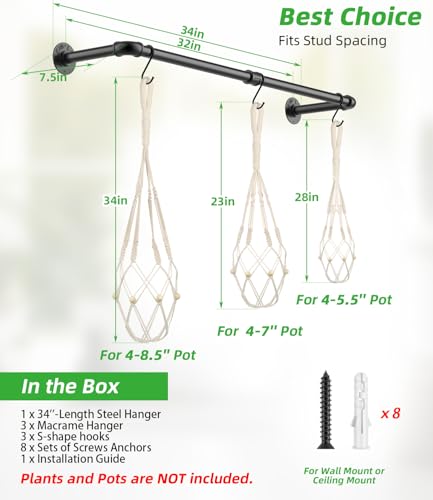Plant Hanging Rod, with 3Pcs Macrame Plant Hangers and 3 Hooks, 32" Plant Hanger Indoor, Hanging Planter for Indoor Plants, Window Wall Ceiling Plant Hanger (POTS & PLANTS NOT INCLUDED)…