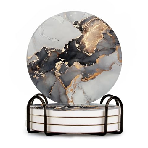 Ceramic Drink Coasters Set of 4 with Holder Round Water Absorbent Grey Gold Fashion Marble Coasters Tabletop Protection (Cork Base),Suitable for Various Mugs,Home Decor,4 Inch - color: Grey Gold Marble