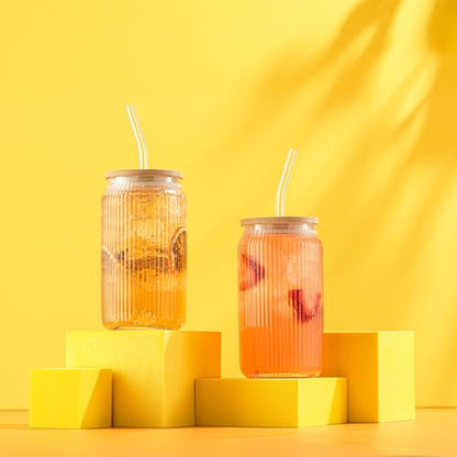 JoyJolt Fluted Glass Tumblers with Bamboo Lids and Glass Straws, Ribbed Can Shaped Drinking Glasses Set of 4, 16oz Cup with Lids and Straws, Iced Coffee Cups, Cocktail/Beer Glasses, Tea Cups - style: Clear Glasses