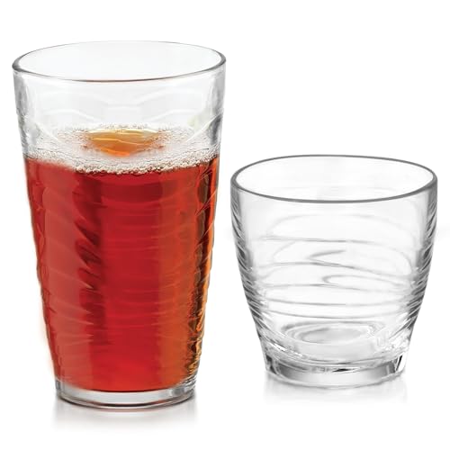 Libbey Orbita Rocks and Tumbler Drinking Glasses Set of 16, Durable Glass Cups Set with Wave Pattern, Glassware Drinking Glasses for Any Occasion - color: 09 - Orbita