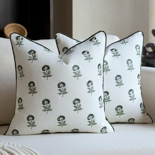 FIOUOVO Embroidered Floral Pillow Covers 18x 18 Set of 2 Cotton Farmhouse Throw Pillow Covers with Piping Edge Decorative Cushion Covers for Sofa Couch Bedroom Living Room, Olive Green - color: Olive Green, size: 18" x 18" (Pack of 2)