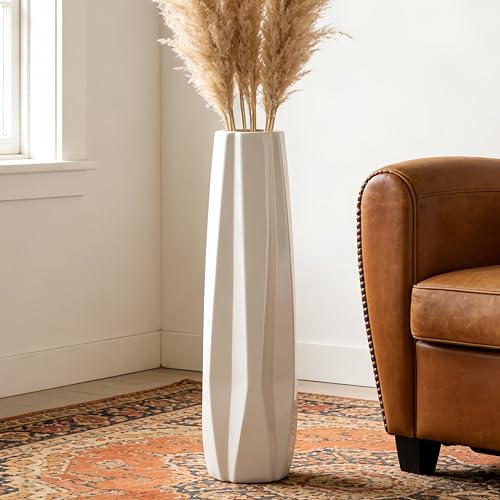 White Tall Ceramic Floor Vase, 28 Inch, Faceted Design, Large Decor | Glossy Glazed Finish, Spacious Rooms, Statement Corners, Fireplace, Dried Branches - color: 5-stripes, size: Height-28 Inch