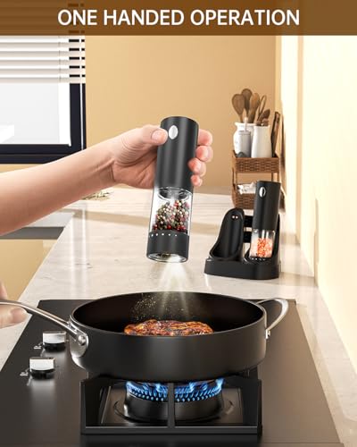 CIRCLE JOY Electric Salt and Pepper Grinder Set Automatic Salt and Pepper Grinder Set with Easy-to-Carry Charging Base and LED Light, USB Rechargeable, Upgrade External Adjustable Coarseness - color: Black