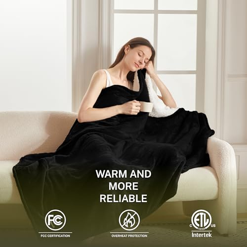 Heat Blanket 50”x60” Throw,Soft Flannel & Sherpa Reversible Electric Blanket with 10 Heat Settings,12 Timer Setting and 8 Hours Auto-Shut Off,ETL Certified Machine Washable,Black - color: Black, size: 50*60in