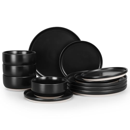HaWare Dinnerware Sets, 12-Piece Plates and Bowls Set for 4, Matte Black - color: Matte Black, size: 12pcs for 4