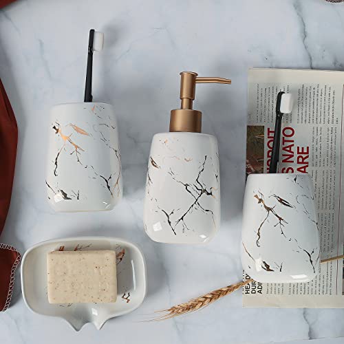 4 Pcs Creative Golden White Ceramics Bathroom Accessories Set, Include Lotion Dispenser Soap Pump, Toothbrush Holder, Tumblers, Soap Dish (Ceramic White)