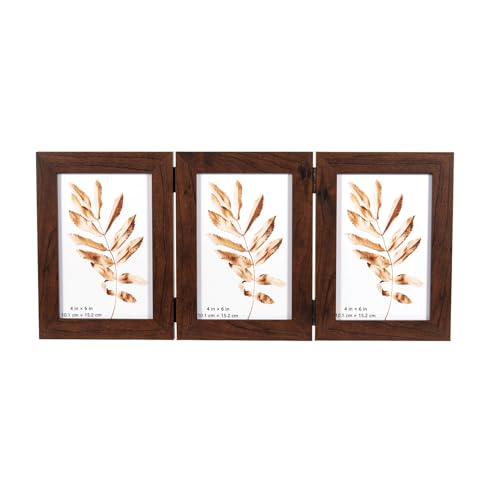 Brown Double Photo Picture Frame 6 x 4, Holds 3 Standard Photographs, Freestanding, Twin Hinged 6x4 10 x 15 cm Picture Frames，Glass Front Stand Vertical on Desktop - color: Brown, size: 3x46