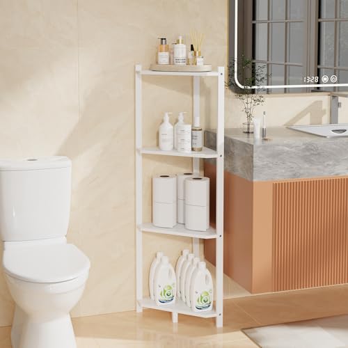 Wisuce Bamboo Small Corner Shelf Stand, 4-Tier White Corner Bookshelf | Space-Saving Narrow Corner Shelf | Bathroom, Bedroom, Living Room, Kitchen & Plants | Stable Natural Bamboo Frame - color: White, size: 4 Tier