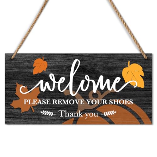 Welcome Please Remove Your Shoes Wooden Door Sign, 12x5 Inch Rustic Entryway Hanging Decor for Front Porch Farmhouse Home -A02