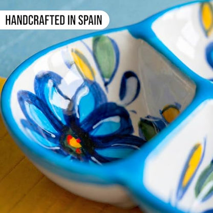 3-Compartment Ceramic Serving Dish, Handmade in Spain | 7.5” divided chip and dip bowl with lead-free glaze, microwave, oven and dishwasher safe, ideal for tapas, snacks and sauces - color: Blue Daisy