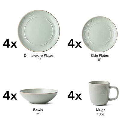 Arora RINGAR Round Stoneware 16pc Dinnerware Set of 4, Dinner Plates, Side Plates, Cereal Bowls, Mugs - Speckle Matte White (406646) - color: Speckle Matte White-Bowl/Mug, style: Round-Service for 4(16pcs)