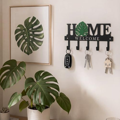 Key Holder Wall Mount Monstera Leaf Metal Key Hooks Organizer with 5 Hooks Rustic Farmhouse Welcome Home Wall Hook Tropical Boho Decor for Entryway Bathroom Hallway Living Room 9.8 Inch - style: Monstera