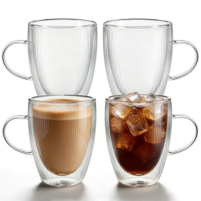 4 Pack Double Wall Glass Coffee Mugs, 12oz Glass Coffee Cup with Handle, Double Insulated Coffee Mugs Perfect for Espresso, Cappuccino, Latte, American, Tea Bag, Hot Beverages